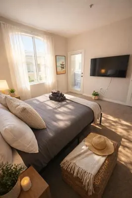 a room with two beds and a couch and a flat screen tv at Marina Del Rey 1BA & 2BA - Few Minutes Drive To Venice Beach in Los Angeles