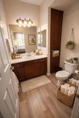 a bathroom with a sink and a toilet and a mirror at Coastal Modern in MDR in Los Angeles
