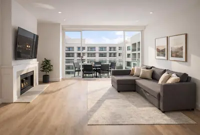 a living room with a couch and a fireplace at Marina del Rey 2BR-2BA Oasis - Quick Trip to Venice in Los Angeles