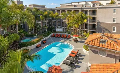 an overhead view of a pool at a resort at Marina del Rey Modern 2BR - Venice in Los Angeles