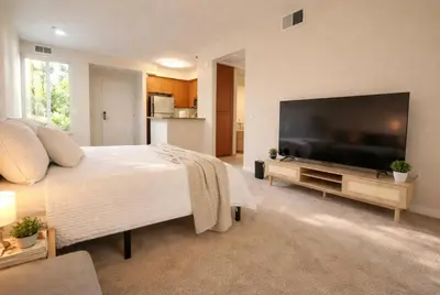 a bedroom with a large bed and a flat screen tv at Marina del Rey 1BR Retreat - Venice Beach in Los Angeles