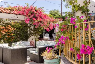 a garden with pink flowers and a fence at Zen guess house in Los Angeles
