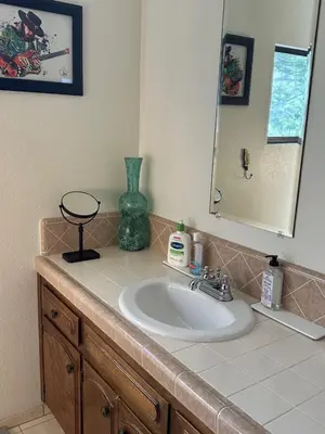a bathroom counter with a sink and a mirror at Le Studio de Sud in Lake Arrowhead