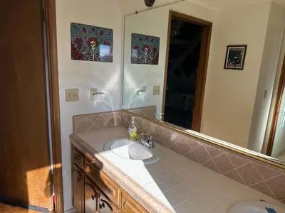 a bathroom with a sink and a large mirror at Le Studio de Sud in Lake Arrowhead