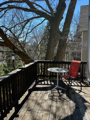 a table and two chairs on a deck with a tree at Le Studio de Sud in Lake Arrowhead