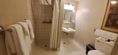 a bathroom with a shower and a toilet and a sink at Glen Tavern Inn in Santa Paula