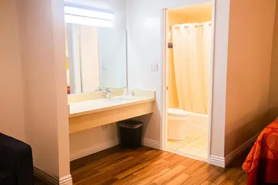 a bathroom with a sink and a toilet and a mirror at Tropic Lodge in Anaheim
