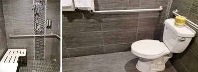 two pictures of a bathroom with a toilet and a shower at American Inn Downey in Downey