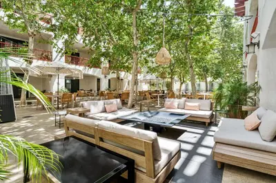a patio with couches and tables and trees at Hotel Casa 425 + Lounge, A Four Sisters Inn in Claremont