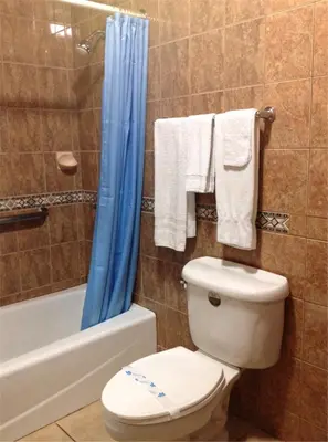 a bathroom with a toilet and a blue shower curtain at Walls Motel Long Beach in Long Beach