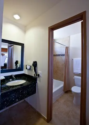 a bathroom with a sink and a toilet and a mirror at Dunes Inn - Sunset in Los Angeles