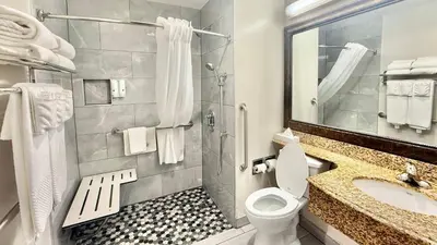 a bathroom with a toilet and a sink and a shower at Quality Inn & Suites Los Angeles Airport - Stadium District in Inglewood