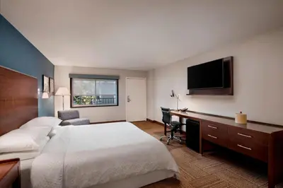 a hotel room with a bed and a desk and a television at Four Points by Sheraton Anaheim in Anaheim