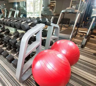 a gym with two red exercise balls and weights at Sonesta Simply Suites Anaheim in Anaheim