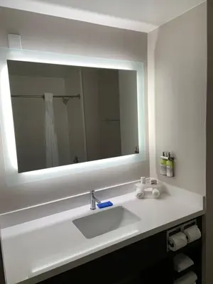 a bathroom with a sink and a large mirror at Holiday Inn Express Hotel & Suites Hermosa Beach by IHG in Hermosa Beach