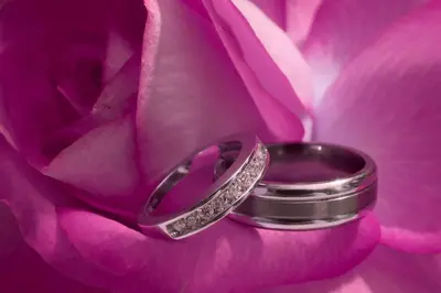 a wedding ring sitting on a pink flower at Hilton Garden Inn Victorville in Victorville