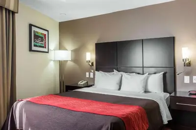 a hotel room with a large bed with a red blanket at Comfort Inn Los Angeles near Hollywood in Los Angeles