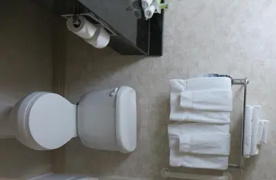 a bathroom with a toilet paper dispenser and towels at Holiday Inn Express & Suites Barstow - Route 66 by IHG in Barstow