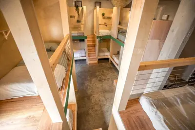 an overhead view of a room with bunk beds at PodShare Hollywood in Los Angeles