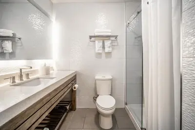 a bathroom with a toilet and a sink and a shower at Lexen Hotel - Hollywood Walk of Fame-Universal Studios in Los Angeles
