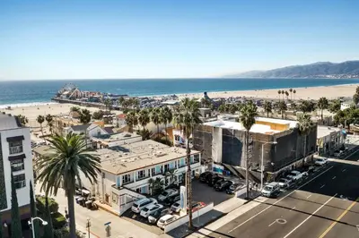 an aerial view of a city and the beach at Sea Blue Hotel in Los Angeles
