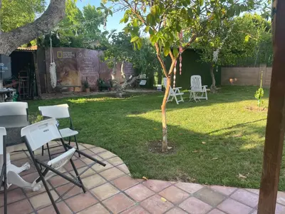 a patio with chairs and a table and a tree at The Village in North Hollywood