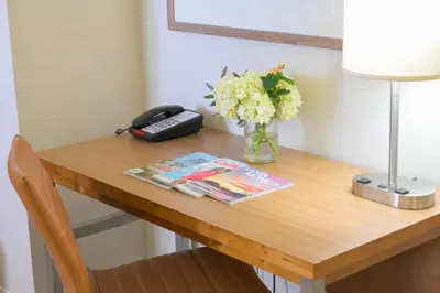 a table with a phone and a vase of flowers on it at Gateway Hotel Santa Monica in Los Angeles