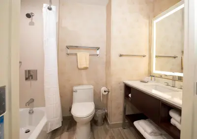 a bathroom with a toilet and a sink and a tub at Holiday Inn El Monte - Los Angeles by IHG in El Monte