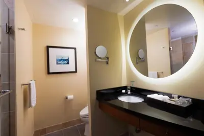 a bathroom with a sink and a mirror at Miyako Hybrid Hotel Torrance in Torrance