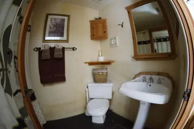 a bathroom with a toilet and a sink at FLEUR DE LAC EUROPERAN INn in Lake Arrowhead