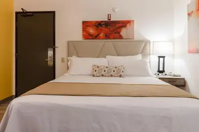 a bedroom with a large white bed with a black door at Kawada Hotel in Los Angeles
