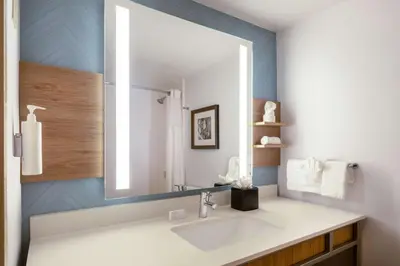 a bathroom with a sink and a large mirror at Hilton Garden Inn Bakersfield in Bakersfield