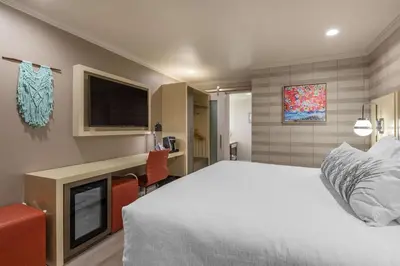 a bedroom with a bed and a desk and a tv at Bluestem Hotel Torrance Los Angeles, an Ascend Collection Hotel in Torrance