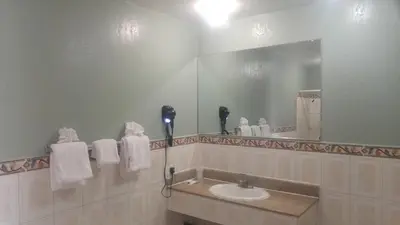 a bathroom with a sink and a mirror at Riviera Motel in Anaheim