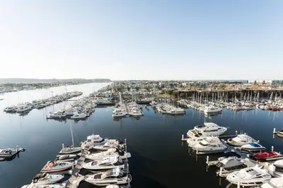 a group of boats docked in a harbor at The Ritz-Carlton, Marina del Rey in Los Angeles