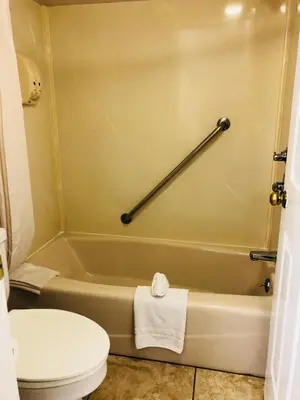 a bathroom with a toilet and a bath tub at Dynasty Suites Hotel in Riverside