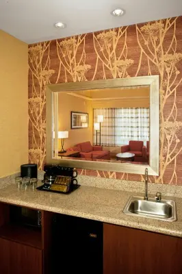a bathroom with a sink and a mirror with a living room at Courtyard Ventura Simi Valley in Simi Valley