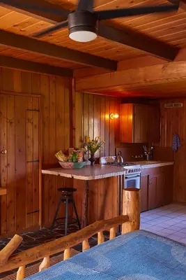 a kitchen with wooden walls and a counter with a sink at Ojai Rancho Inn in Ojai