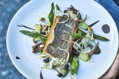 a white plate with a piece of fish and a salad at Avalon Hotel Beverly Hills, a Member of Design Hotels in Los Angeles