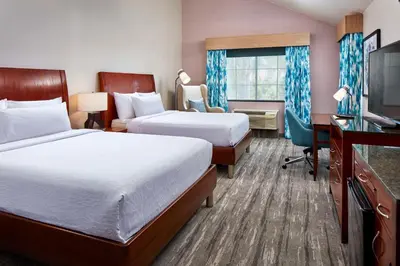 a hotel room with two beds and a television at Hilton Garden Inn Valencia Six Flags in Valencia