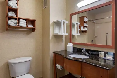 a bathroom with a toilet and a sink and a mirror at Hampton Inn Norco/Corona in Norco