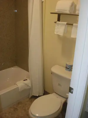 a bathroom with a white toilet and a bath tub at Executive Inn Mojave in Mojave