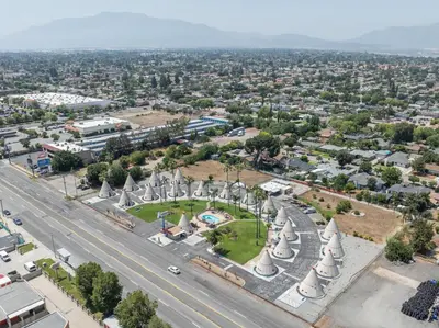 an aerial view of a city with mosques at Wigwam Motel in San Bernardino