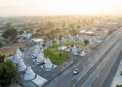 an aerial view of a city with a street at Wigwam Motel in San Bernardino