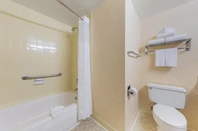 a bathroom with a white toilet and a bath tub at Clarion Hotel Anaheim Resort in Anaheim