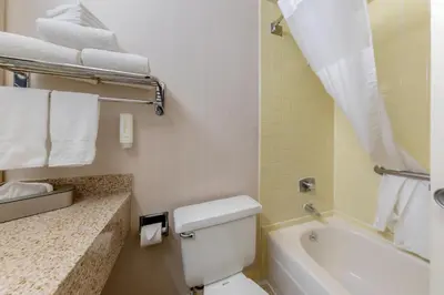 a bathroom with a white toilet and a bath tub at Clarion Hotel Anaheim Resort in Anaheim