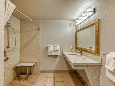 a bathroom with a sink and a shower at Amanzi Hotel, an Ascend Collection Hotel in Ventura