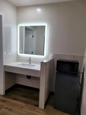 a bathroom with a sink and a mirror at ACE Motel in Pasadena