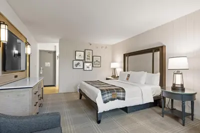 a hotel room with a bed and a television at Knott's Hotel in Buena Park