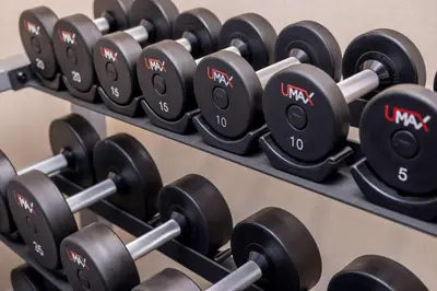 a row of dumbbells in a gym at Hampton Inn Los Angeles-West Covina in West Covina